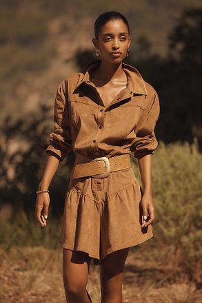 Saylor Faux-Suede Long-Sleeve Romper