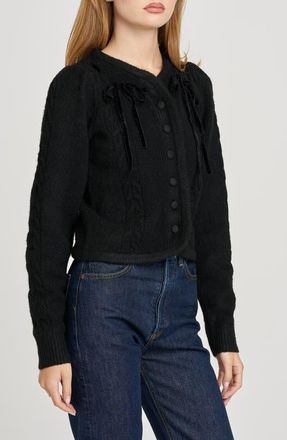 Wayf x Sara Walker Jackie Velvet Bow Cable Stitch Cardigan in Black at Nordstrom, Size X-Small