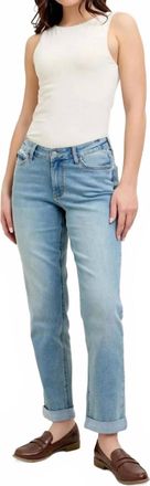 Judy Blue Mid Rise V-Front Cuff Boyfriend Cool Denim Jeans In Light Wash