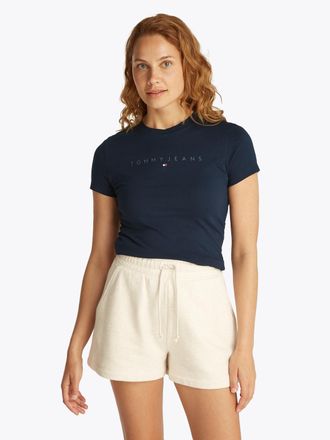Tommy Jeans T-Shirt TOMMY JEANS TJW SLIM TONAL LINEAR TEE EXT, Damen, Gr. XXL (44), blau (schwarz night navy), Single Jersey, Obermaterial: 100% Baumwolle, bedruc