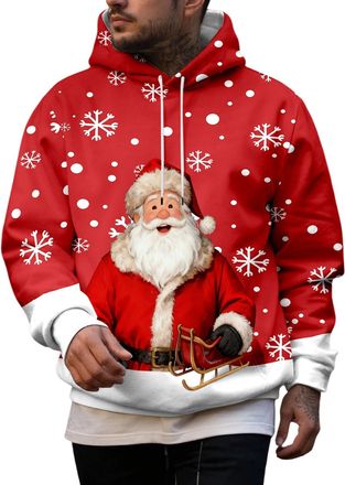 Generic Mens Christmas Hoodie Sweatshirt Funny Christmas Jumpers Mens Christmas Print Hooded Long Sleeve Hoodie Top Santa Festive Sweatshirt Xmas Party Hooded