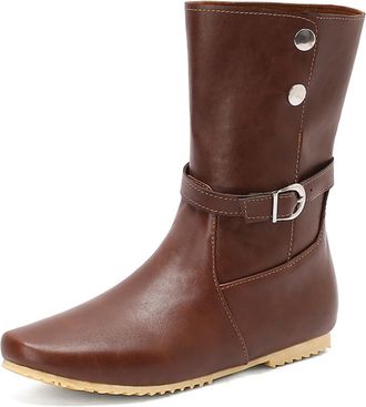 Generic Womens Retro Pointed Toe PU Leather Ankle Boots with Adjustable Buckle Strap Flat Sole Comfortable Anti-Slip Wear-Resistant for Daily Street Casual Wo