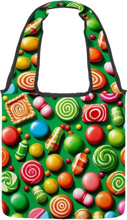 Generic Green Candy Pattern Reversible Canvas Shoulder Tote - Double-Sided Print, 12oz Cotton, 27cm Drop, Fold-Flat Bag for Travel, Shopping, Street Outings