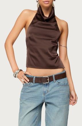 Edikted Cowl Neck Backless Satin Crop Top in Dark-Brown at Nordstrom, Size X-Large