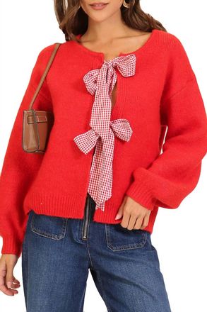 Lumiere Tilly Gingham Bow Tie Knit Sweater In Red