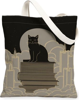 Generic Cat Canvas Tote Bag, Artistic Moonlight Design Lightweight Washable Shopping Bags, Vintage Chic Reusable Tote for Everyday, Black, 13x15 Inch