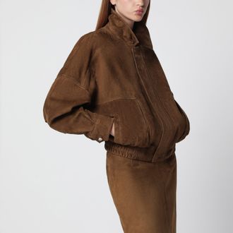 Nour Hammour Dalma brown suede bomber jacket