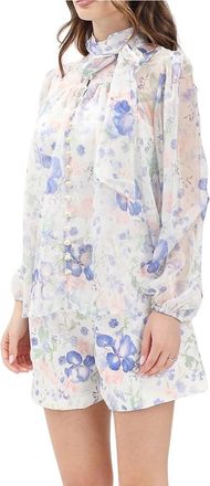 Oui White Blue Cotton Polyester Blouse Set