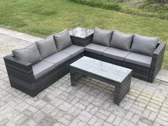 Fimous 6 Seater Rattan Corner Sofa Set With Square Side Table & Oblong Rectangular Coffee Tea Table in Dark Grey
