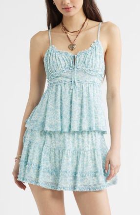 BP. Floral Mesh Ruffle Trim Camisole in Teal- Blue Dense Garden at Nordstrom, Size Xx-Small