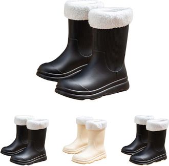 Generic Wellington Womens Mid Calf Rain Boots Non-Slip Waterproof Chelsea Boots with Plush Lining Removable and Washable Ladies Outdoor Slip-On Work Shoes for