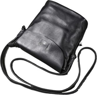 Generic Compatible For Genuine Leather Womens Crossbody Bucket Bag Top Layer Cowhide Shoulder Vintage Fashionable Mobile Phone(Black)