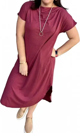 Entro Solid Ribbed Off-Shoulder Short Sleeve Midi Dress In Burgundy