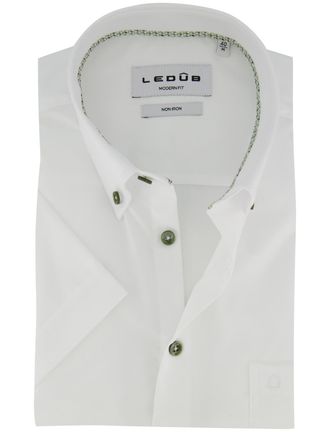 Led&ucirc;b Wit Ledub overhemd korte mouw Modern Fit strijkvrij met groene knopen