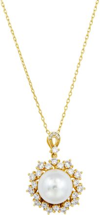Savvy Cie Jewels GOLD PLATED OVER BRASS SHELL PEARL AND WHITE CZ PENDANT NECKLACE