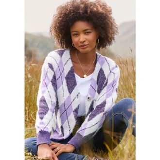 Joe Browns Fuzzy V Neck Cardigan in Violet Argyle at Nordstrom, Size Medium