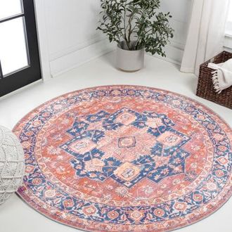 Jonathan Y Designs Maris Ornate Medallion Machine-Washable Round Area Rug in Terracotta/navy at Nordstrom, Size 5Ft 0In X 5Ft 0In