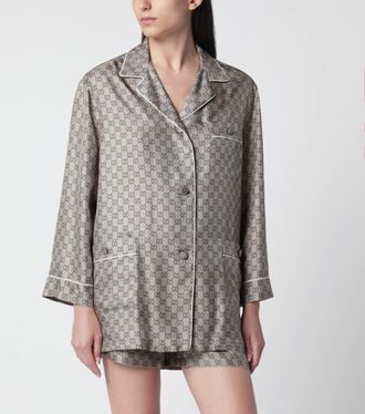 Gucci Camicia in twill di seta con stampa GG beige