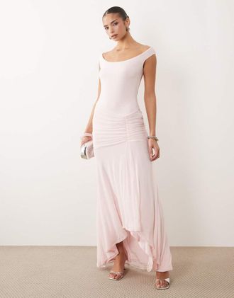 Asos Vestito lungo rosa con scollo rotondo e fondo asimmetrico