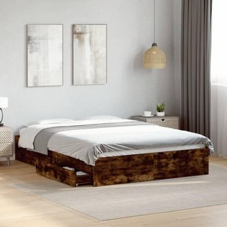 vidaXL Cama Con Cajones Madera De Ingenier&iacute;a Roble Ahumado 135x190 Cm Vidaxl