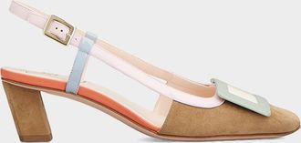 Roger Vivier 45mm Belle Vivier Patent Leather and Suede Lacquered Buckle Slingback Pumps