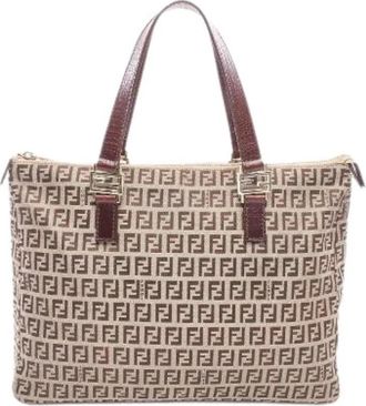 Fendi Pre-owned Zucchino Canvas Leather Tote Bag - Dames - Vintage Shopper - Beige - ONE Size - Leer - Vintage
