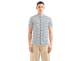 A|X Armani Exchange Slim Fit Short Sleeve AX Text Print Button-Down Shirt Mens Clothing White Ext. Logo : XL, Cotton/Elastane