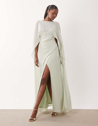 Tfnc Vestito lungo da damigella in chiffon verde salvia con mantella
