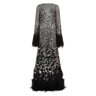 Alberta Ferretti Kleedjes, Dames, Zwart, M, Polyester, Elegant lange jurk met spiegels en franjes