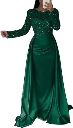 Generic QXDZSW Elegant Satin Sequin Stitching Dress Glitter High Waist Evening Dress Women Chic Long Sleeve Full Length Party Dress