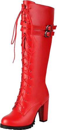 Generic Ladies Designer Knee High Boots Round Toe Super High Block Heel Platform With Zipper Lace-Up And Belt Details
