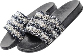 Frcolor Woven Pearl Flat Sandals for Women Braided Summer Slippers Flat Bottom Comfortable Elegant Black
