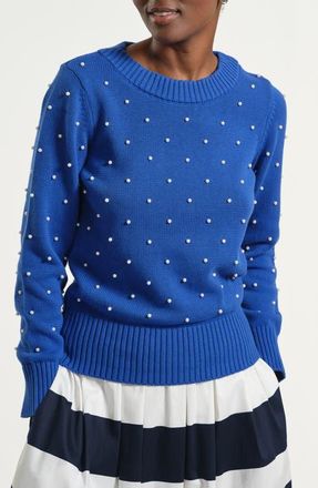 Isaac Mizrahi New York Faux Pearl Accent Cotton Crewneck Sweater in Royal at Nordstrom, Size X-Large