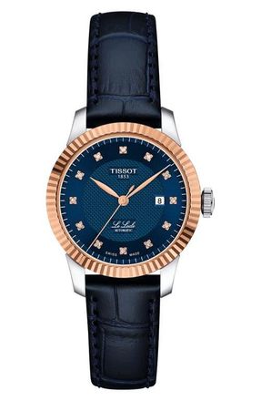 Tissot Le Locle Diamond Powermatic 80 Leather Strap Watch, 29mm in Blue at Nordstrom