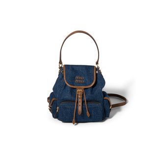 Miu Miu Denim And Leather Backpack, Woman, Blue/oak