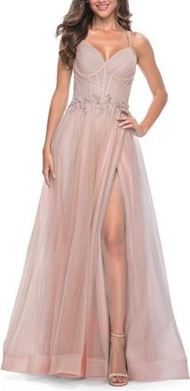 La Femme A-Line Prom Gown with Ruched Bodice and Rhinestone Belt Detail in Mauve at Nordstrom, Size 14