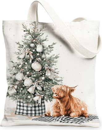 Generic Christmas Dog Canvas Tote Bags, Festive Animal Design Reusable Bags, Winter Rustic Lightweight Washable Shoulder Strap Canv, White, 13x15 Inch