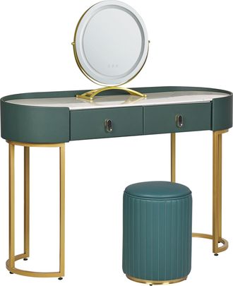 Beliani Beliani - Tocador Led Verde Oscuro Dorado 118 X 39 Cm Mdf 2 Cajones Espejo Taburete Vinax