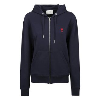 Ami Cotton zip hoodie with red logo - female - Ami Paris - Zip-throughs - Blue - XL - Sweatshirts & Hoodies