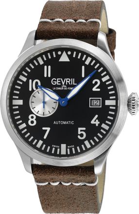 Gevril Group Mens Vaughn SS Case,SS Bezel Black/White Dial, Brown Handmade Italian Leather Strap. - One Size