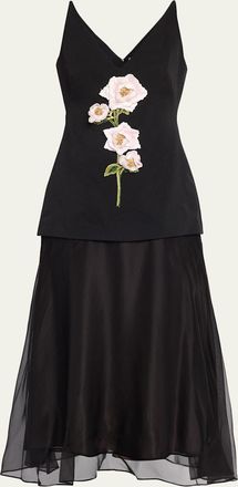 Lela Rose 3D Peony Embroidered Faille V-Neck Cocktail Dress