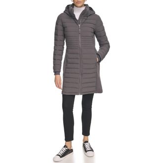 Calvin Klein Womens Long Light-Weight Puffer Jacket Down Coat, Forged Iron, XS