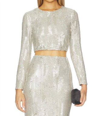 L'agence Rogan Crop Long Sleeve Top In Silver Sequin Swirl