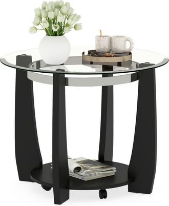 Costway Glass Coffee Table 81CM 2-Tier Round Center Table w/Storage Shelf-Black