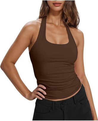 Generic Halter Neck Vest Tops Women UK Sale Clearance Slim Fit Y2K Top Trendy Clothing Square Neck Solid Sleeveless Crop Shirt Stretch Vest Skinny Tank T-Shir