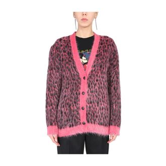 Saint Laurent V-neck Leather Covered Bu - female - Saint Laurent - Cardigans - Pink - M - Knitwear