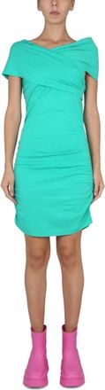 Msgm Green Off Shoulder Knee Length Dress