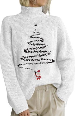 Generic Christmas Jumpers for Women UK Sparkly Christmas Tree Print Knitwear Pullover Funny Winter Sweaters Fashion Long Sleeves Ladies Xmas Turtleneck Sweate