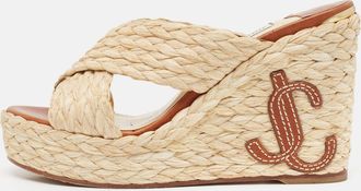 Jimmy Choo London Beige Raffia Dovina Wedge Sandals