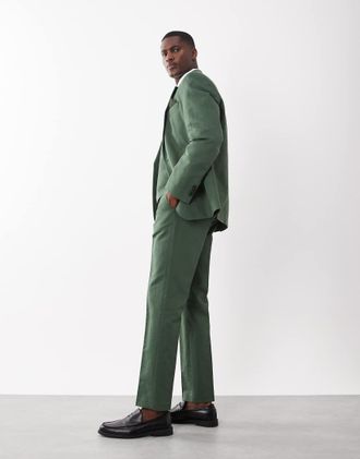 Asos Pantaloni da abito slim in twill di misto lino verde scuro